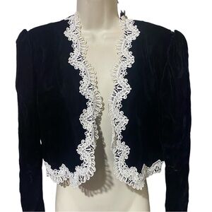 TALBOTS Vintage cropped bolero velvet black laced detail jacket Made USA size 10